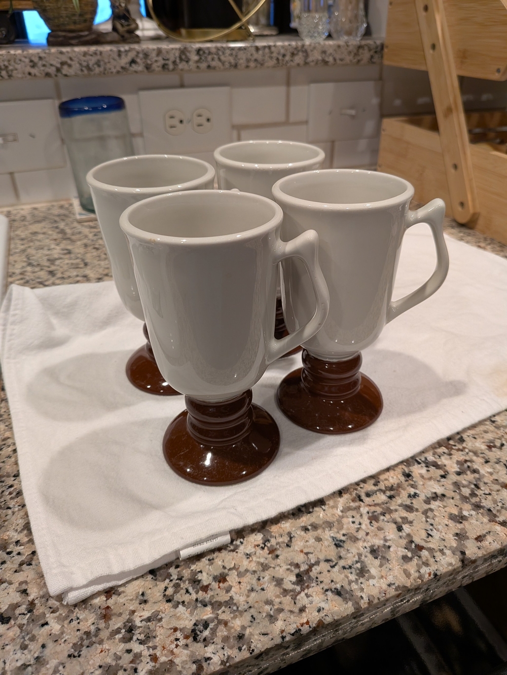 Hall Pottery White Ceramic Mugs with Brown Pedestal Bases - Set of 4